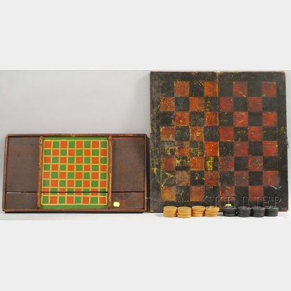 Painted Wood Folding Checkered Game Board Box and a Painted Wood Checkered Game Board