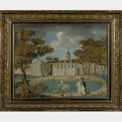 Silk Needlework Picture of George and Martha Washington Strolling the Grounds of Mount Vernon, with Georges Valet Billy Lee, and His H 