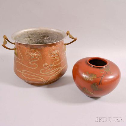 Japanese Bronze Vase and an Art Nouveau Hand-hammered Repousse Pot