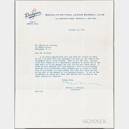 O'Malley, Walter F. (1903-1979) Typed Letter Signed, 23 October 1953.