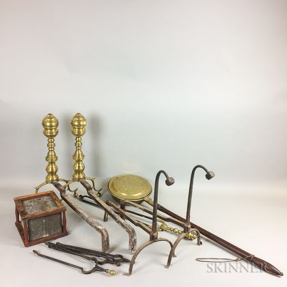 Group of Brass, Iron, and Wood Hearth Tools. Estimate $200-300