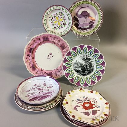 Twelve Pink Lustre Ceramic Plates