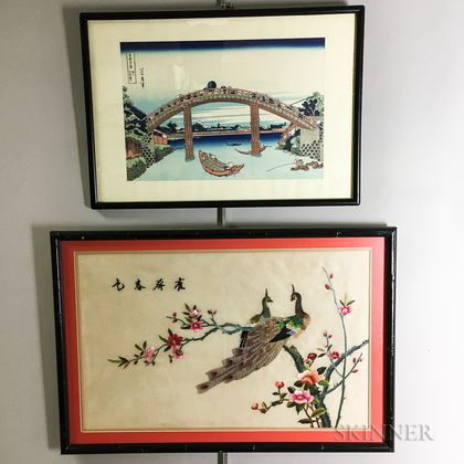 Framed Hokusai Woodblock of the Munnen Bridge of Fukagawa and an Embroidered Picture of Peacocks