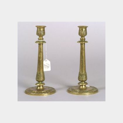 Pair of Empire Signed Brass Candlesticks
