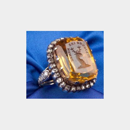 Citrine Intaglio and Diamond Ring