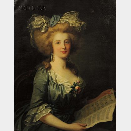 French School, 18th Century Style Portrait of an Elegant Lady in a Blue Gown Holding Sheet Music