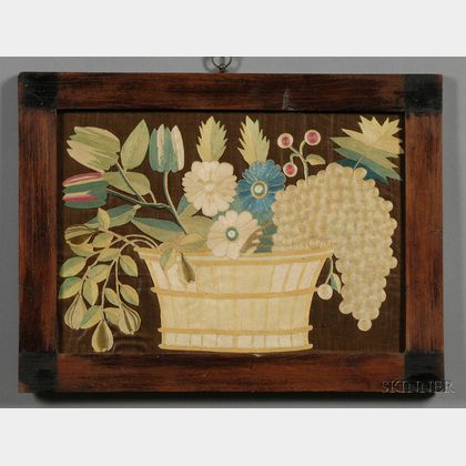 Silk Needlework Picture of a Basket of Fruit and Flowers