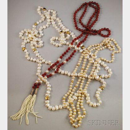 Two Pearl Necklaces and a Pearl and Red Hardstone Bead and Pearl Lariat
