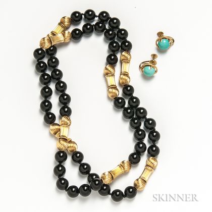 Onyx Bead Necklace and Pair of 14kt Gold and Turquoise Earclips