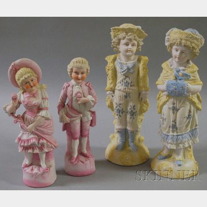 Two Pairs of Continental Painted Bisque Figures of Children in Fancy 18th Century-style Dress