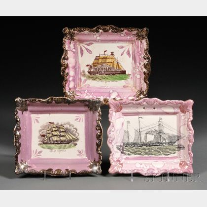 Three Sunderland Pink Lustre Transfer-decorated Pottery Plaques with Vessels