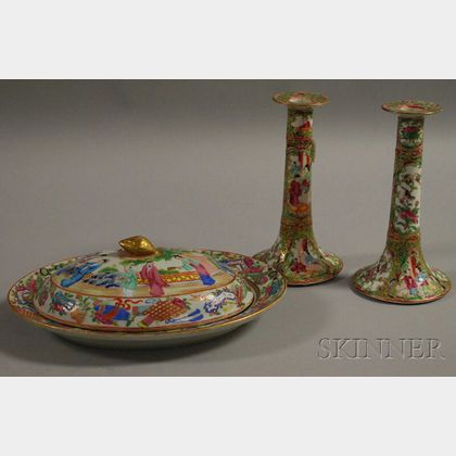 Rose Mandarin-decorated Porcelain Covered Platter and a Pair of Rose Medallion Candlesticks