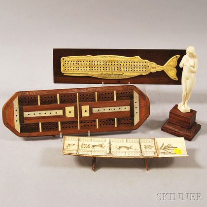 Three Ivory, Composition and Wood Cribbage Boards and Carved Ivory Figure of a Nude