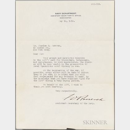 Roosevelt, Franklin Delano (1882-1945) Typed Letter Signed, 16 May 1918.