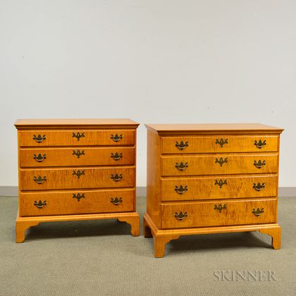 Pair of Eldred Wheeler Chippendale-style Tiger Maple Chests of Drawers
