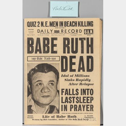 Ruth, George Herman "Babe" (1895-1948) Cut Signature and Newspaper.