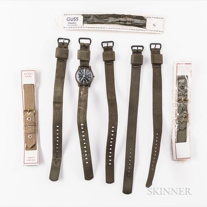 Seven Military Canvas Wristwatch Straps and a Sovereign "Combat Watch,"