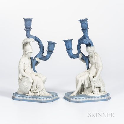 Pair of Blue and White Jasper Figural Candlesticks