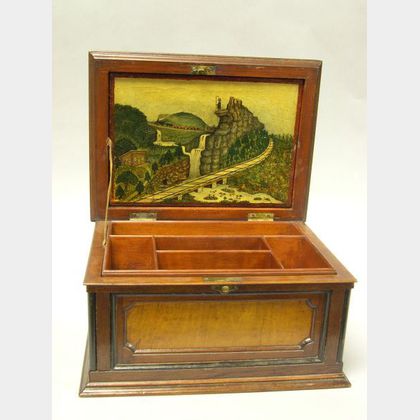Inlaid Walnut Box with Interior Naive Landscape Painting. 