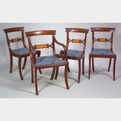 Set of Six Classical-style Inlaid and Carved Mahogany Dining Chairs