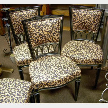 Set of Four French Neoclassical Upholstered Ebonized Side Chairs. 