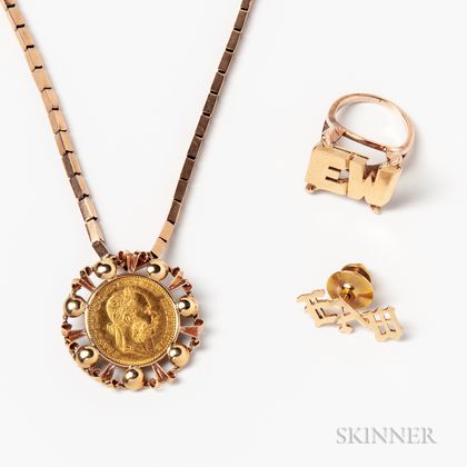 14kt Gold Initial Ring, Tie Pin, and an Austrian Gold Coin Pendant on a Gold-filled Chain