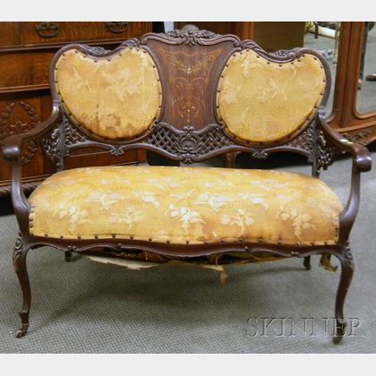 Late Victorian Upholstered Inlaid Carved Mahogany Settee
