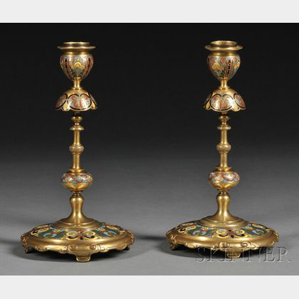 Pair of French Champleve and Gilt-bronze Candlesticks
