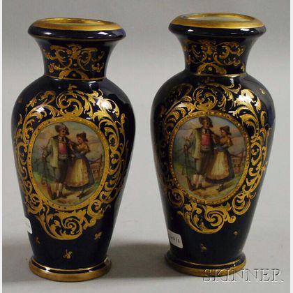 Pair of Sevres-style Gilt and Hand-painted Genre Scene-decorated Cobalt Ground Porcelain Vases