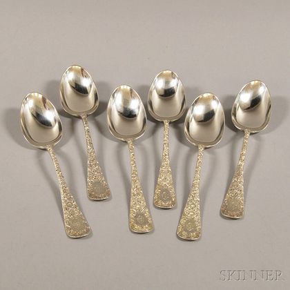 Set of Six Whiting "Antique Chased" Sterling Silver Serving/Tablespoons