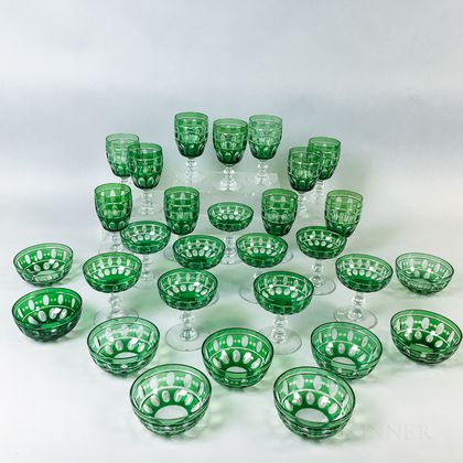 Twenty-nine Pieces of Emerald Overlay Glass, 