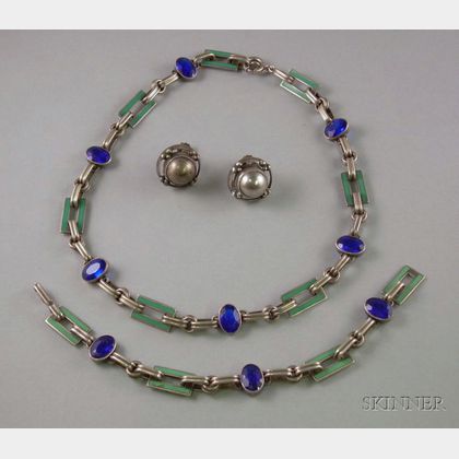 Pair of Georg Jensen, Denmark, Sterling Silver Earclips and a Sterling Silver Enamel and Paste Necklace and Bracelet Suite