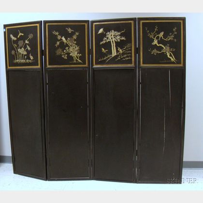 Chinese Gilt Decorated Black Lacquer Four-Panel Floor Screen