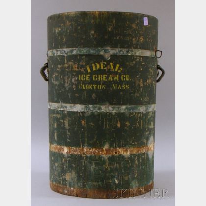 "Ideal Ice Cream Co., Clinton, Mass." Green-painted and Stencil-labeled Wooden Ice Cream Making Barrel
