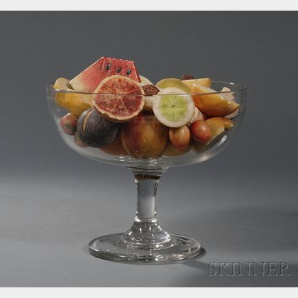 Large Colorless Blown Glass Compote Filled with Carved and Painted Stone Fruit