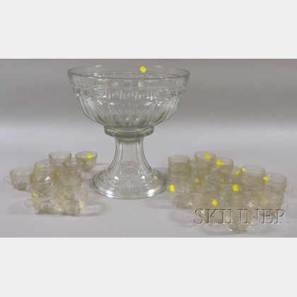 Heisey Colorless Pressed Greek Key Pattern Punch Bowl on Pedestal and Eighteen Cups