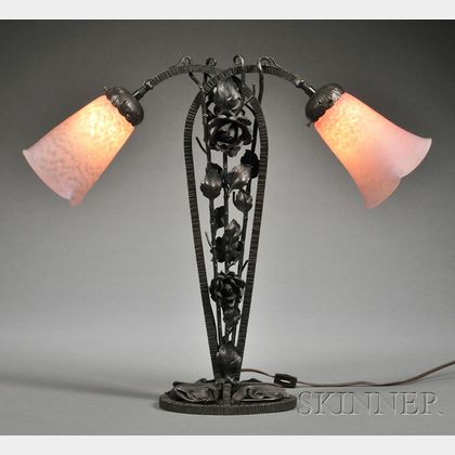 Art Deco Wrought Iron and Schneider Glass Two-light Table Lamp