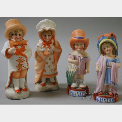 Two Pairs of Continental Painted Bisque Children "Grandma" and "Grandpa" Dress-up Figures