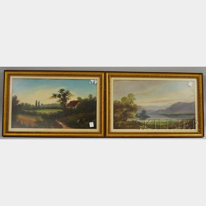 Two Late 19th/Early 20th Century American School Oil on Panels Depicting a Mountain Lake Landscape and a Landscape with Cottage