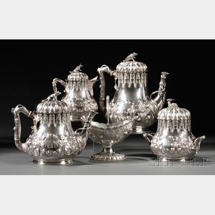 Five-piece Sterling Silver Grosjean & Woodward Tea and Coffee Service with an Associated Silver-plated Tray
