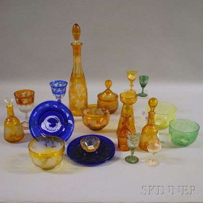 Nineteen Pieces of Assorted Bohemian Mostly Etched Colored Art Glass Table Items