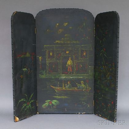 Chinoiserie-style Canvas-clad Three-panel Folding Screen