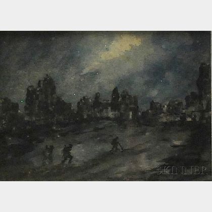 "Gunner" F.J. Mears (English, 1890-1929) British Soldiers Marching Towards Ruins at Night.