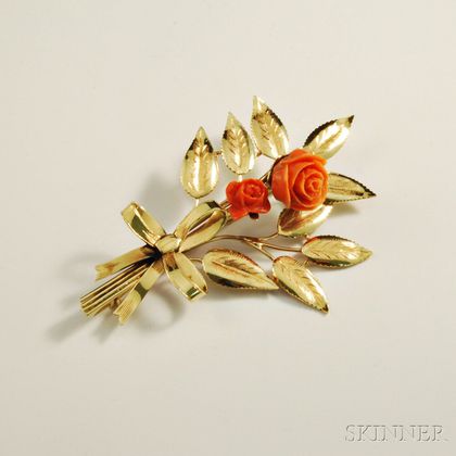 14kt Gold and Coral Spray Brooch