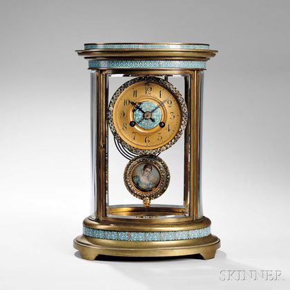 Oval Champleve Brass and Glass Clock