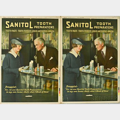 Pair of Sanitol Tooth Preparations Large Showcard Letterpressed Press Sheets
