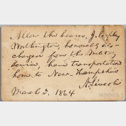 Lincoln, Abraham (1809-1865) Autograph Pass Signed, 5 March 1864.