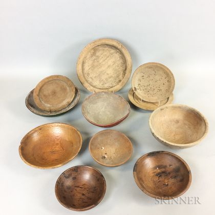 Eleven Pine and Maple Treen Plates and Bowls