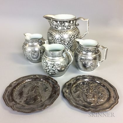 Two Silver Lustre Plates and Four Silver Resist Lustre Jugs