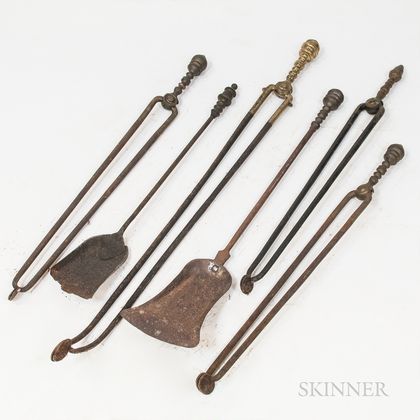 Six Brass and Iron Fireplace Tools